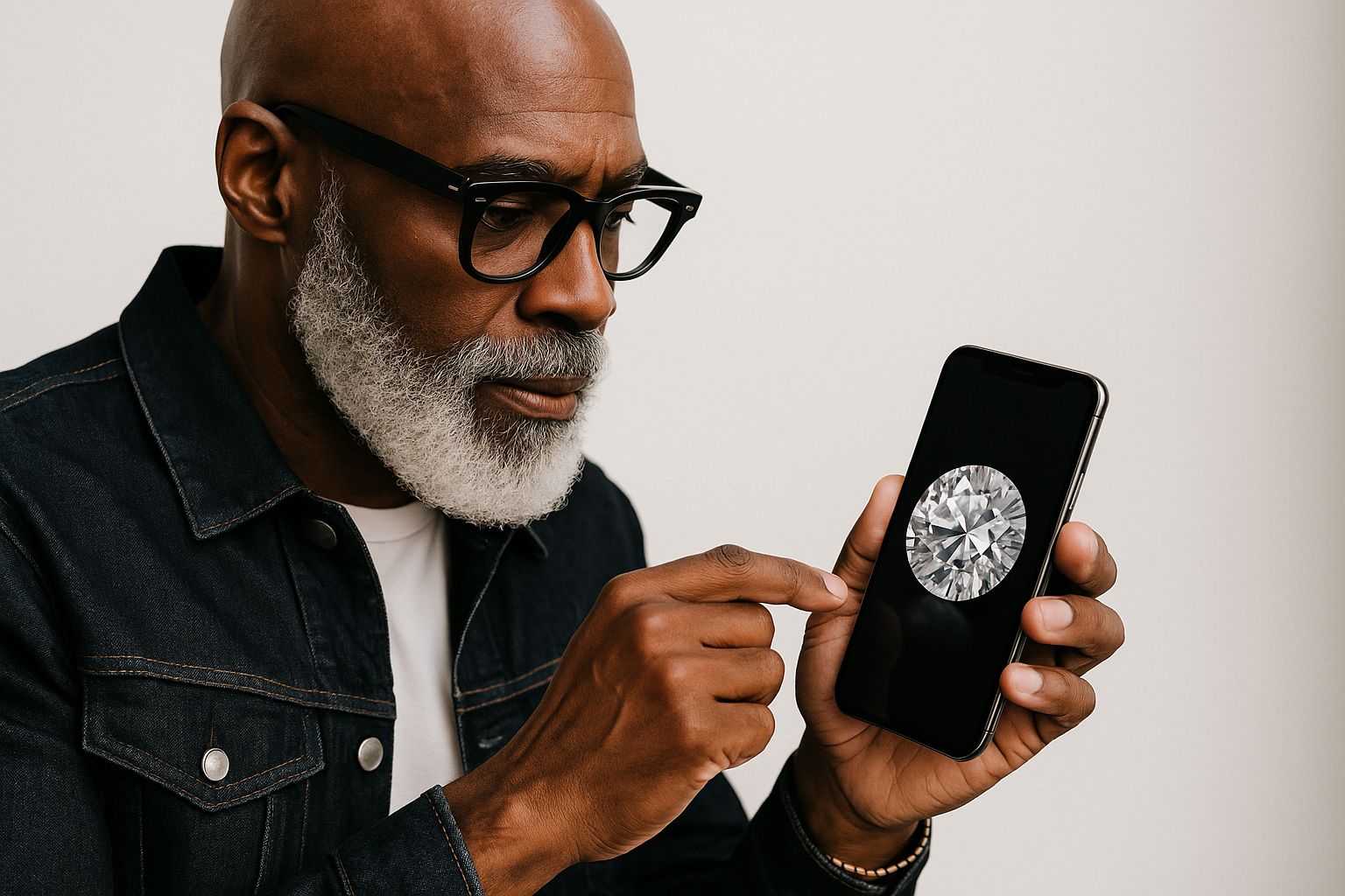 En iPhone med förstoringsglas framför skärmen och en diamant på skärmen, symboliserar äkthetskontroll