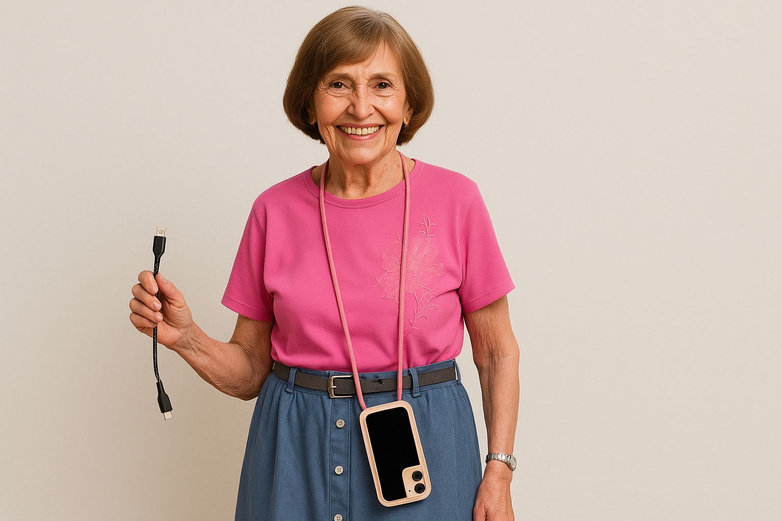 Äldre kvinna använder iPhone med hörlurar, fokuserad på skärmen.