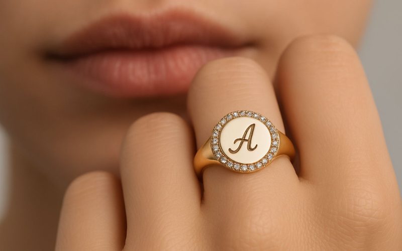 Närbild av inristade bokstäver på ett diamantbrev, med mikroskopisk precision.