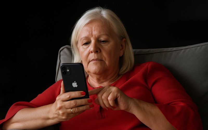 Äldre man med glasögon ler glatt medan han håller en iPhone i handen.